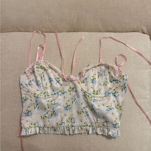 Floral Lace Trim Crop Top with Pink Straps